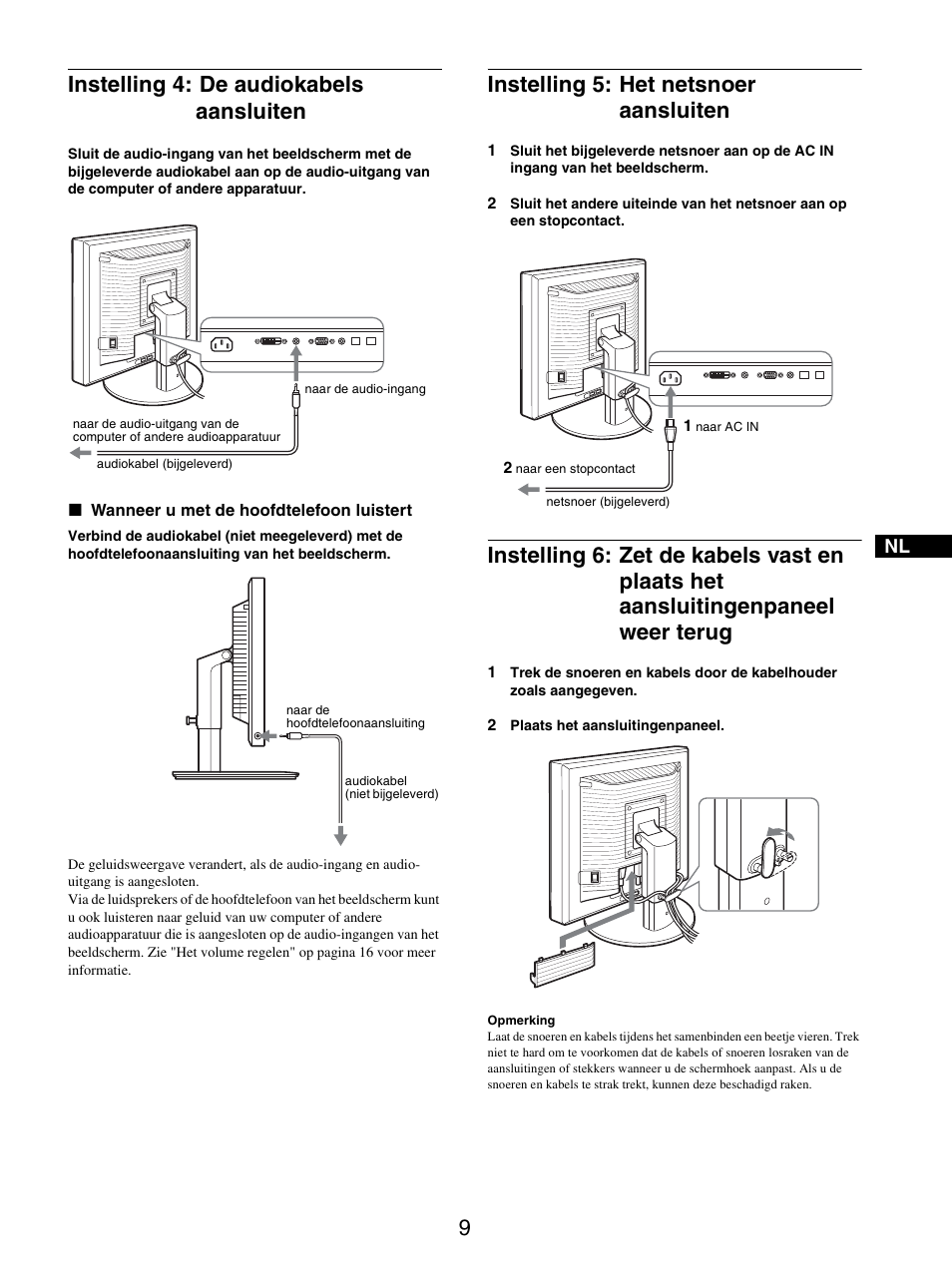Instelling 4: de audiokabels aansluiten, Instelling 5: het netsnoer aansluiten, Weer terug | Sony SDM-X95FB User Manual | Page 226 / 385