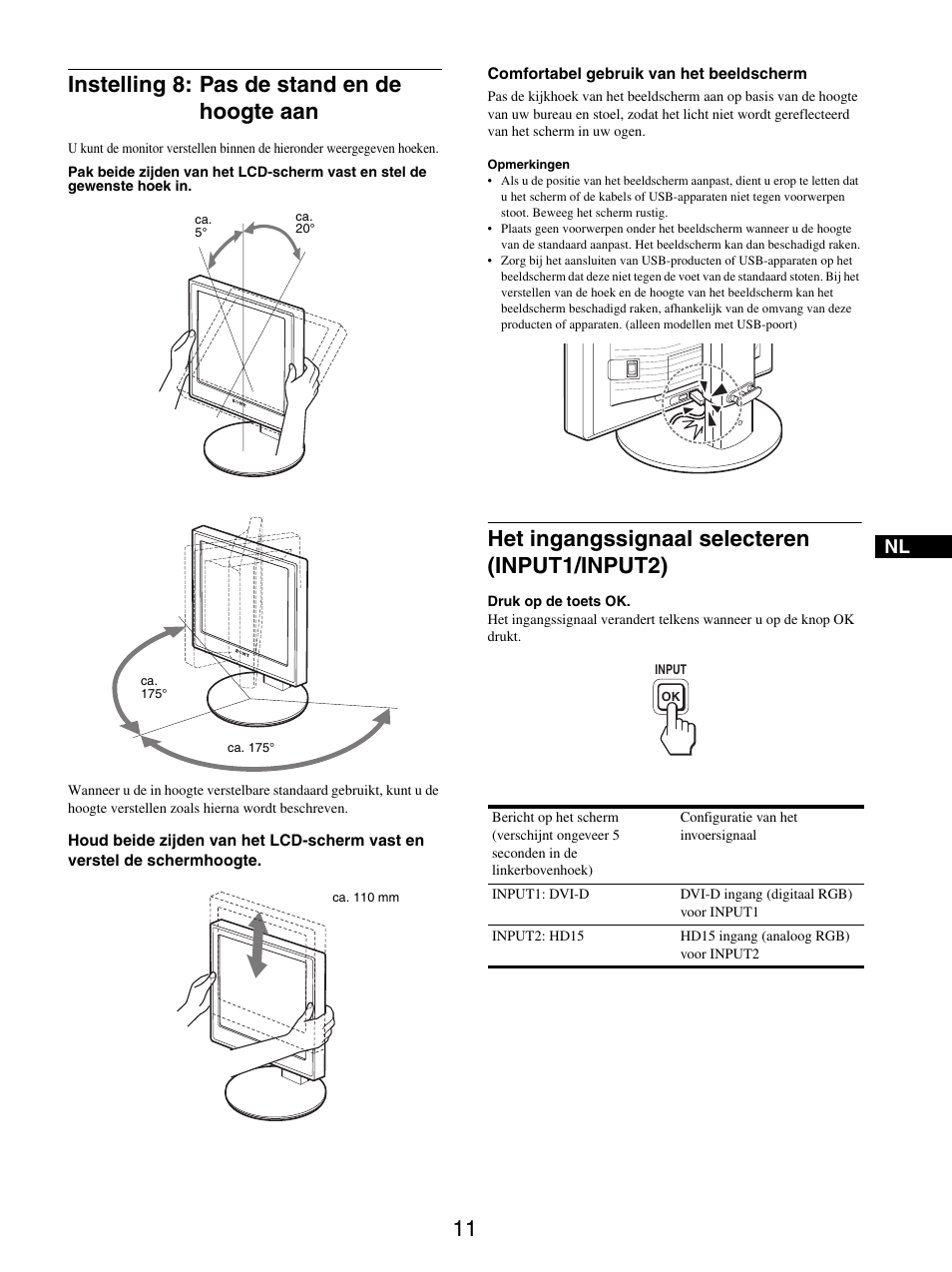 Instelling 8: pas de stand en de hoogte aan, Het ingangssignaal selecteren (input1/input2) | Sony SDM-X95FB User Manual | Page 228 / 385