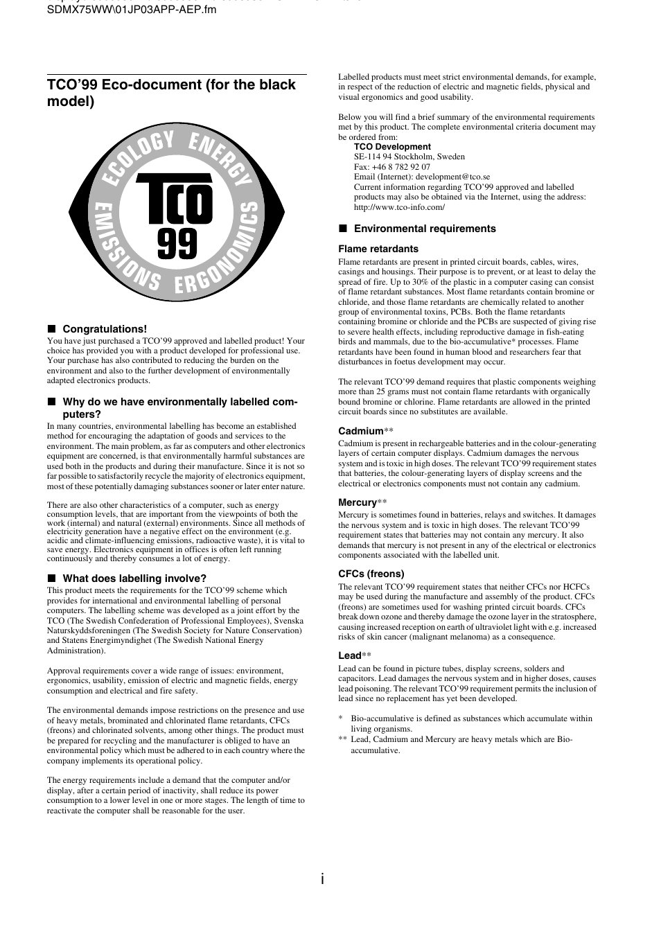 Tco’99 eco-document (for the black model) | Sony SDM-X95FB User Manual | Page 23 / 385