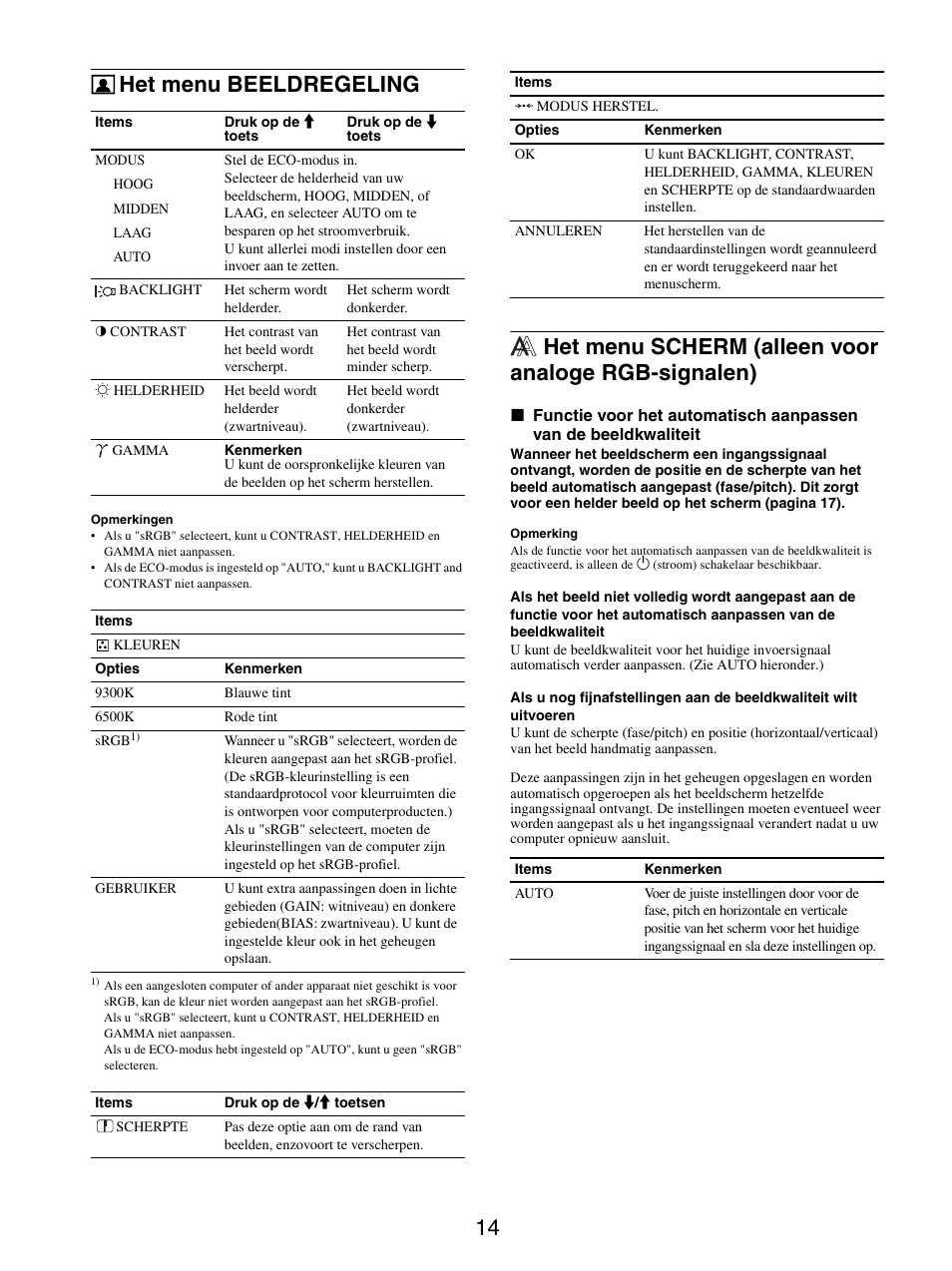 Het menu beeldregeling, Het menu scherm (alleen voor analoge rgb-signalen) | Sony SDM-X95FB User Manual | Page 231 / 385