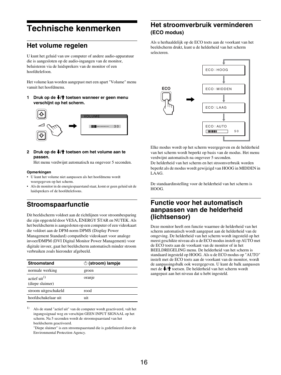 Technische kenmerken, Het volume regelen, Stroomspaarfunctie | Het stroomverbruik verminderen (eco modus), Het stroomverbruik verminderen | Sony SDM-X95FB User Manual | Page 233 / 385