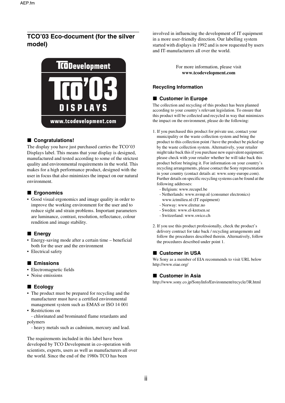 Tco’03 eco-document (for the silver model) | Sony SDM-X95FB User Manual | Page 24 / 385