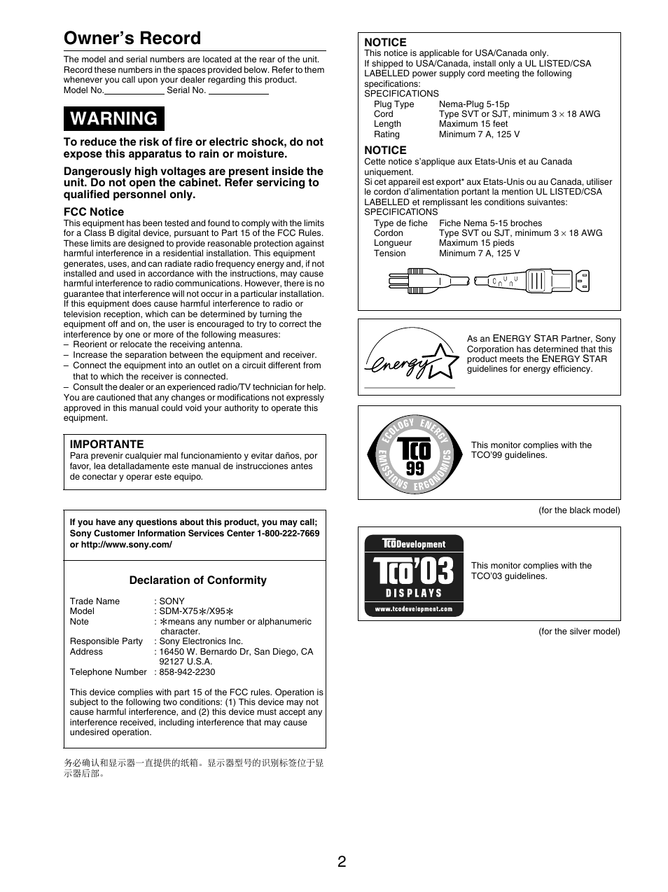 Owner’s record, Warning | Sony SDM-X95FB User Manual | Page 243 / 385