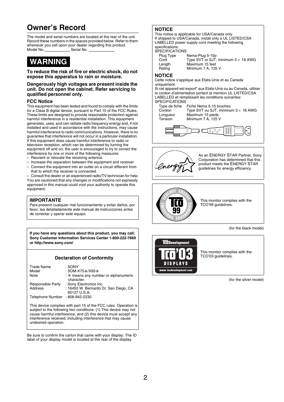 Owner’s record, Warning | Sony SDM-X95FB User Manual | Page 26 / 385