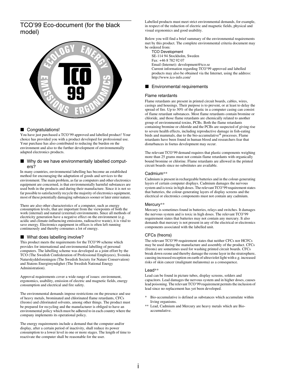 Tco’99 eco-document (for the black model) | Sony SDM-X95FB User Manual | Page 264 / 385