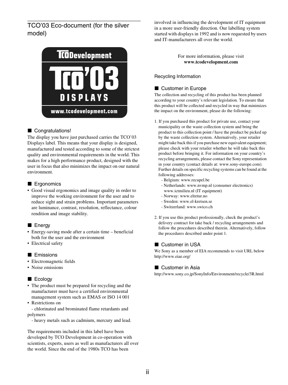 Tco’03 eco-document (for the silver model) | Sony SDM-X95FB User Manual | Page 265 / 385