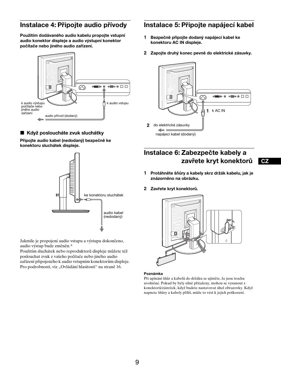 Instalace 4: připojte audio přívody, Instalace 5: připojte napájecí kabel | Sony SDM-X95FB User Manual | Page 274 / 385