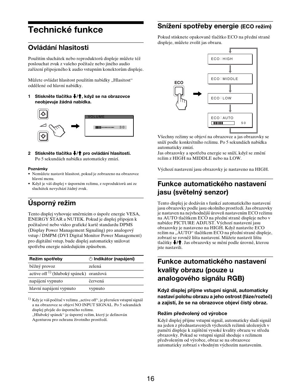 Technické funkce, Ovládání hlasitosti, Úsporný režim | Snížení spotřeby energie (eco režim), Snížení spotřeby energie | Sony SDM-X95FB User Manual | Page 281 / 385