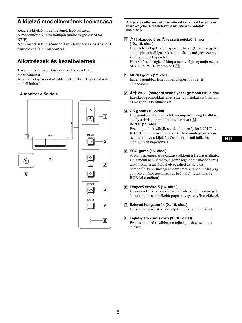 A kijelzõ modellnevének leolvasása, Alkatrészek és kezelõelemek, A kijelző modellnevének leolvasása | Alkatrészek és kezelőelemek | Sony SDM-X95FB User Manual | Page 294 / 385