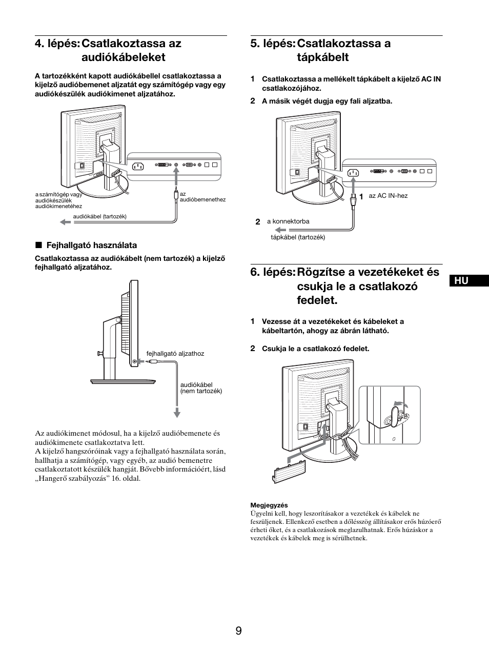 Lépés: csatlakoztassa az audiókábeleket, Lépés: csatlakoztassa a tápkábelt, Fedelet | Sony SDM-X95FB User Manual | Page 298 / 385