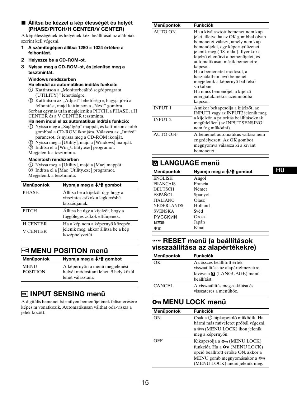 Menu position menü, Input sensing menü, Language menü | Menu lock menü, Menu position menü input sensing menü | Sony SDM-X95FB User Manual | Page 304 / 385