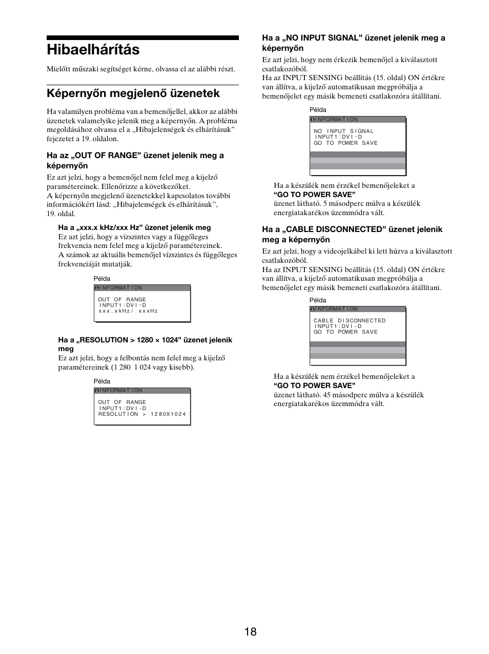 Hibaelhárítás, Képernyõn megjelenõ üzenetek, Képernyőn megjelenő üzenetek | Sony SDM-X95FB User Manual | Page 307 / 385