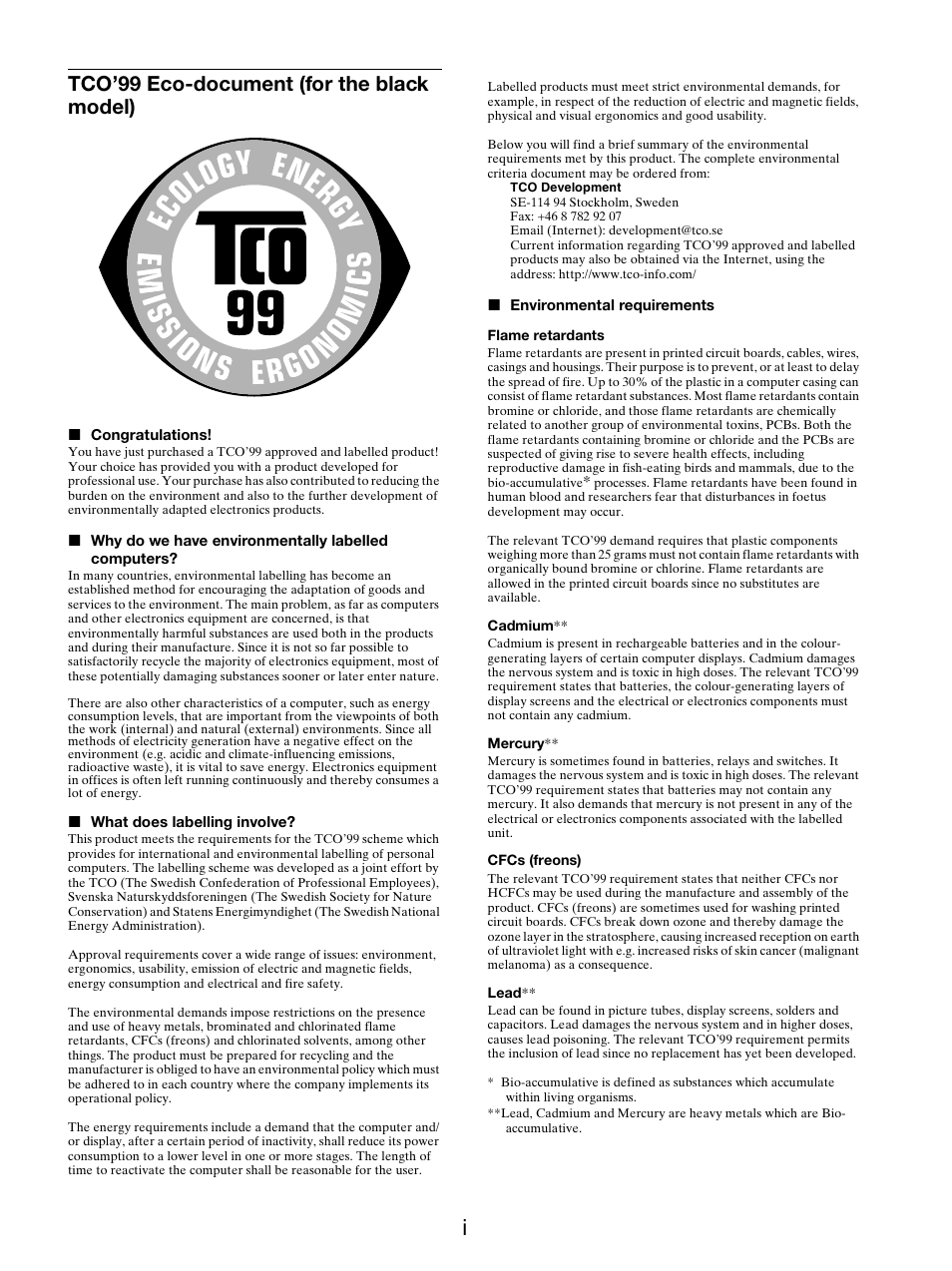 Tco’99 eco-document (for the black model) | Sony SDM-X95FB User Manual | Page 312 / 385