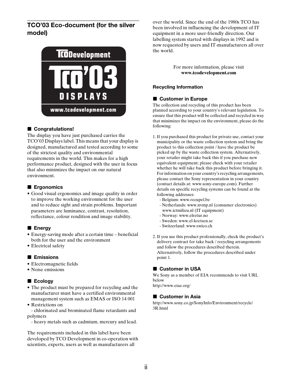 Tco’03 eco-document (for the silver model) | Sony SDM-X95FB User Manual | Page 313 / 385