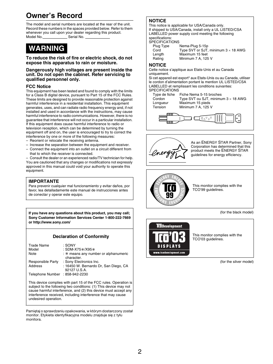 Owner’s record, Warning | Sony SDM-X95FB User Manual | Page 315 / 385