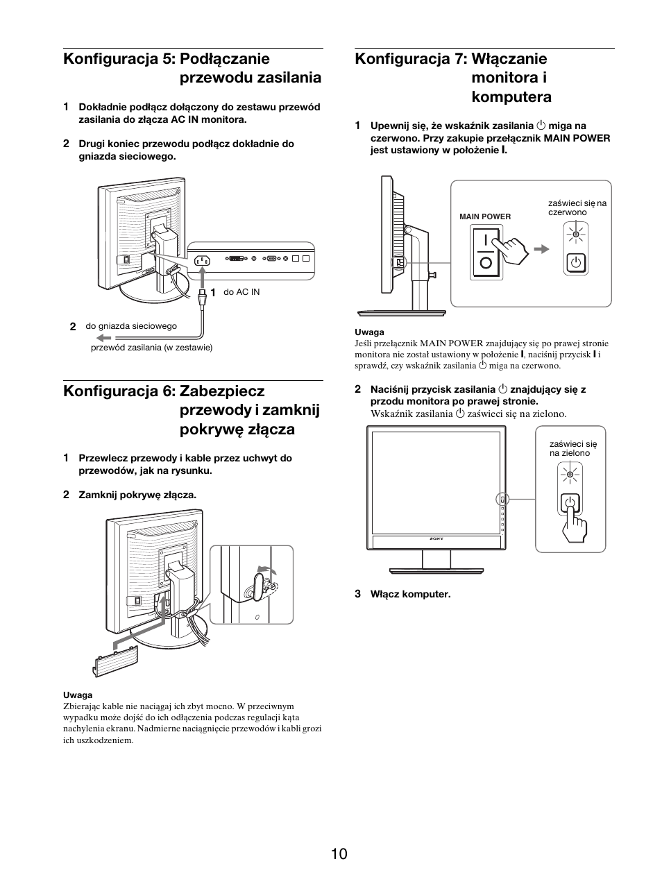 Konfiguracja 5: podłączanie przewodu zasilania, Konfiguracja 7: włączanie monitora i komputera, Złącza | 10 konfiguracja 5: podłączanie przewodu zasilania | Sony SDM-X95FB User Manual | Page 323 / 385