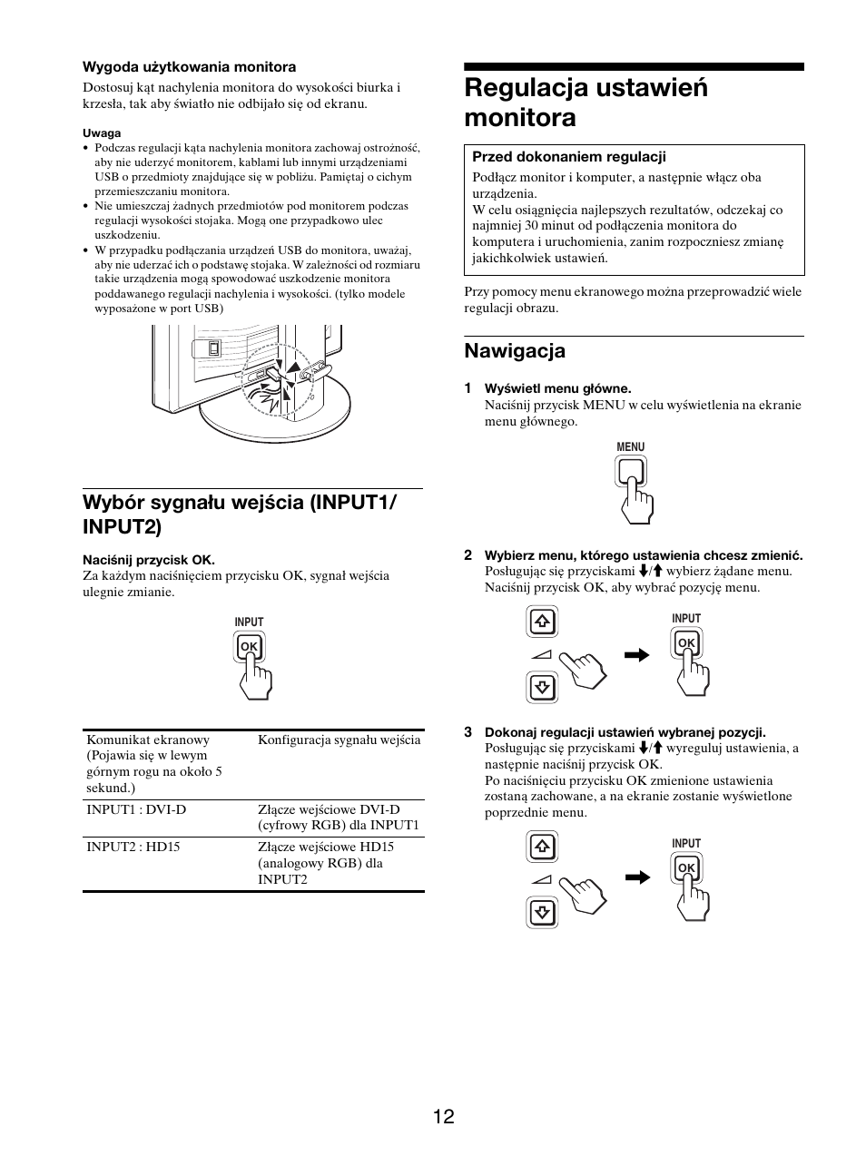 Wybór sygnału wejścia (input1/input2), Regulacja ustawień monitora, Nawigacja | Wybór sygnału wejścia (input1/ input2) | Sony SDM-X95FB User Manual | Page 325 / 385