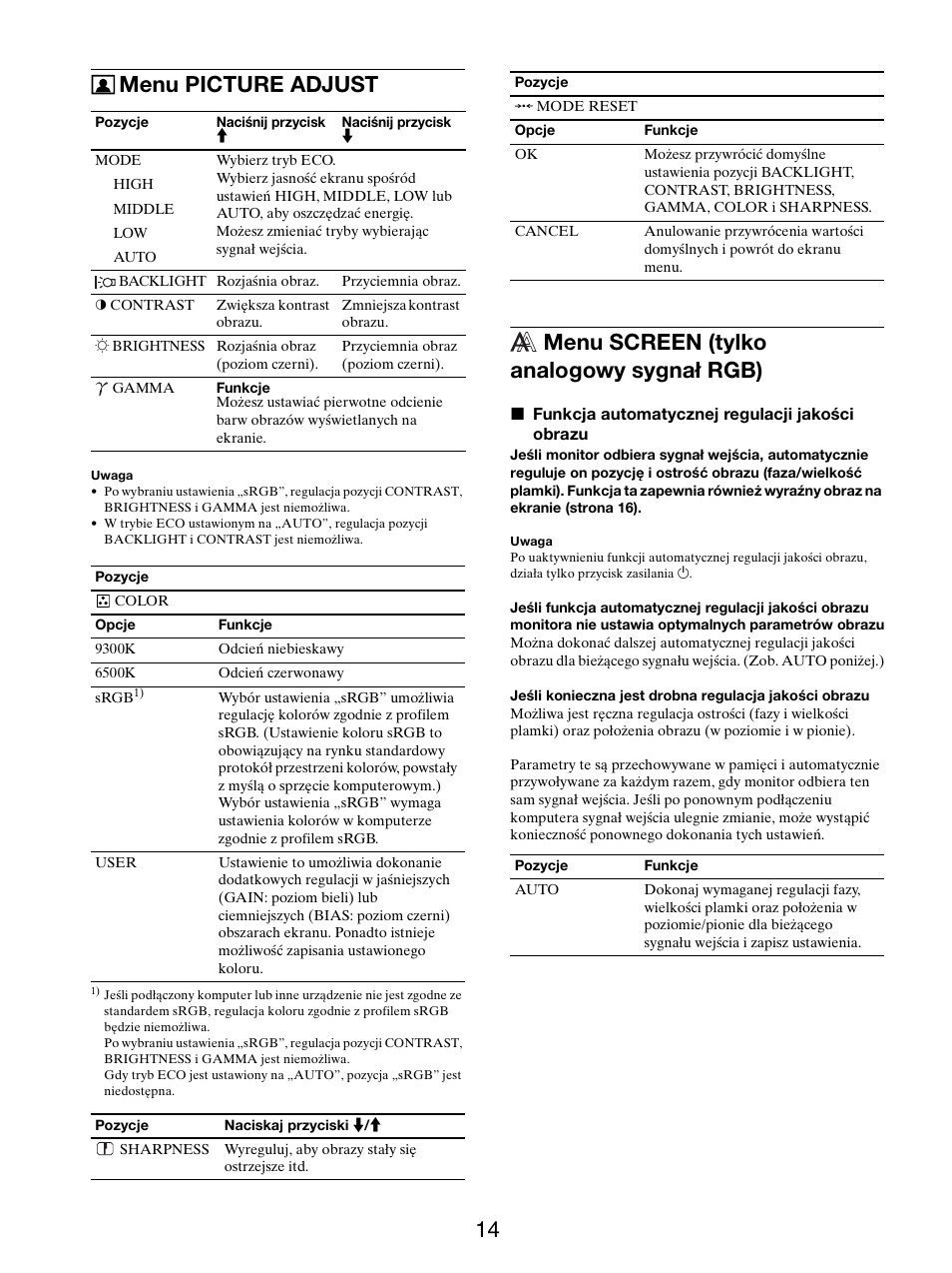 Menu picture adjust, Menu screen (tylko analogowy sygnał rgb) | Sony SDM-X95FB User Manual | Page 327 / 385