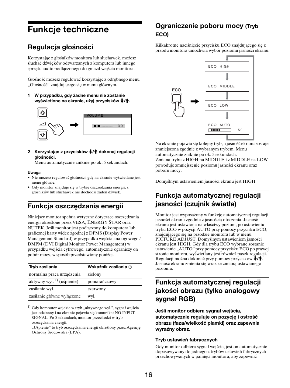 Funkcje techniczne, Regulacja głośności, Funkcja oszczędzania energii | Ograniczenie poboru mocy (tryb eco), Ograniczenie poboru mocy | Sony SDM-X95FB User Manual | Page 329 / 385