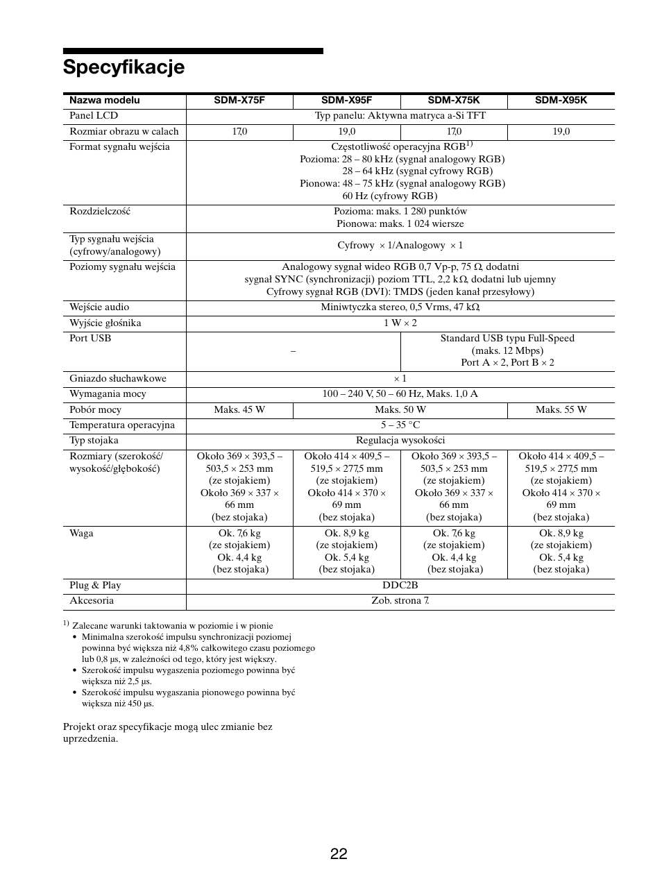 Specyfikacje | Sony SDM-X95FB User Manual | Page 335 / 385