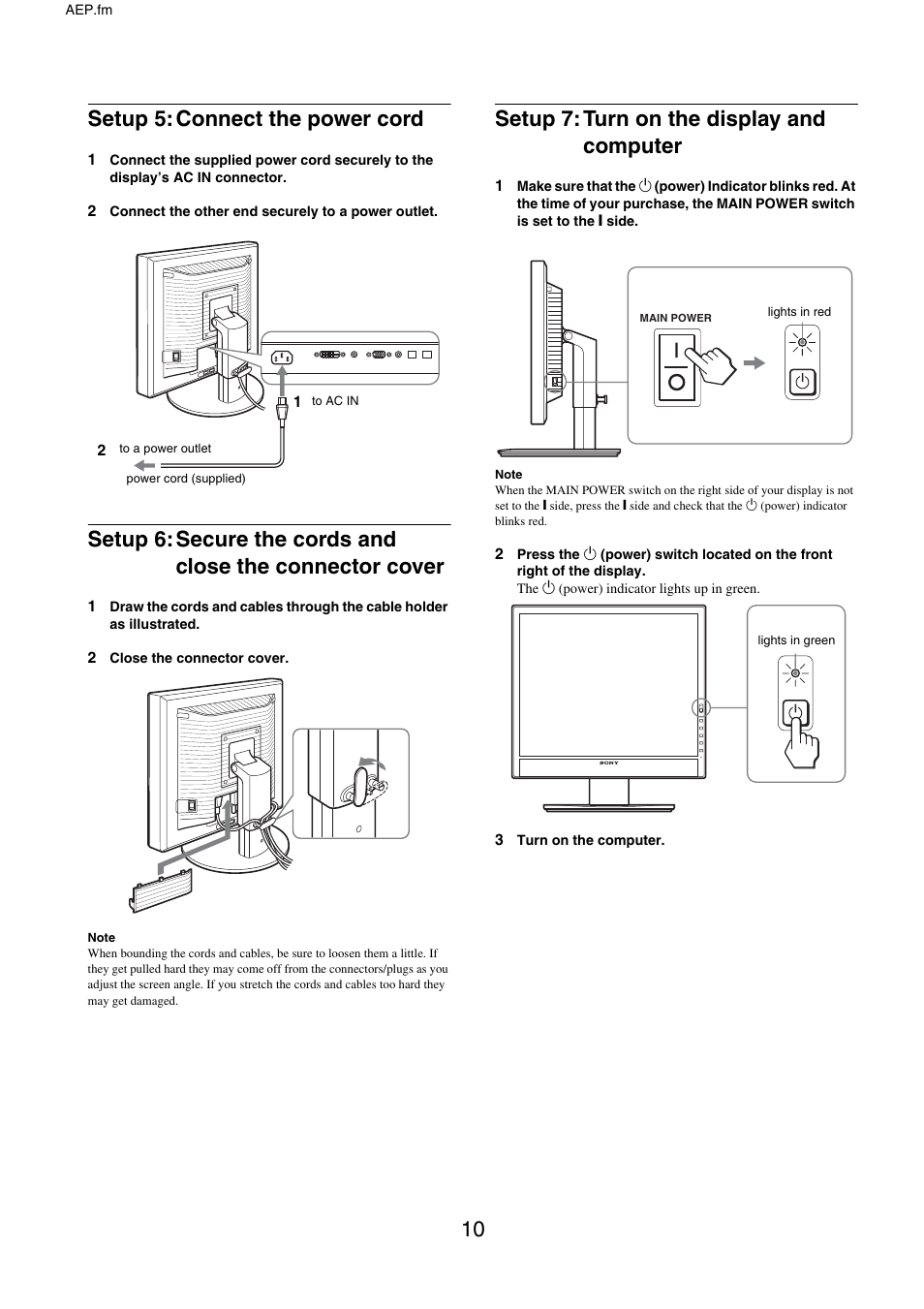 Setup 5: connect the power cord, Setup 7: turn on the display and computer | Sony SDM-X95FB User Manual | Page 34 / 385