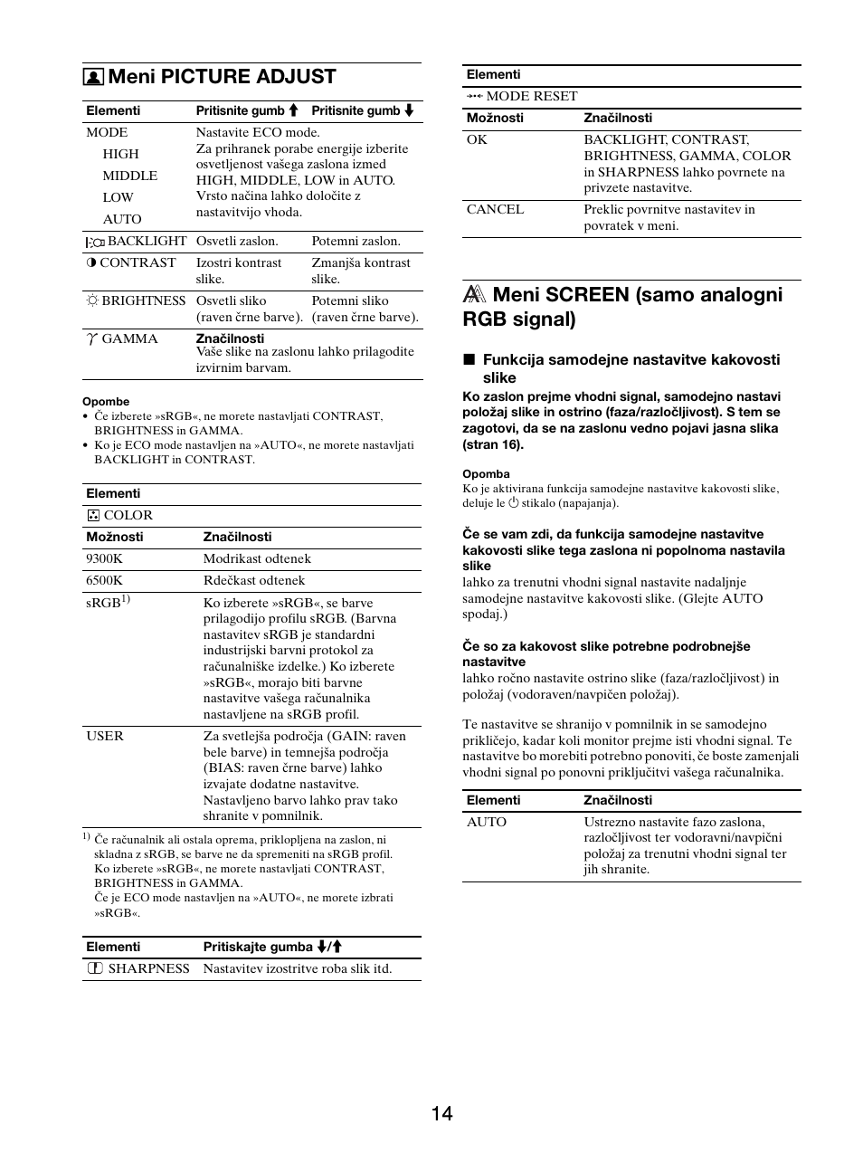 Meni picture adjust, Meni screen (samo analogni rgb signal) | Sony SDM-X95FB User Manual | Page 351 / 385