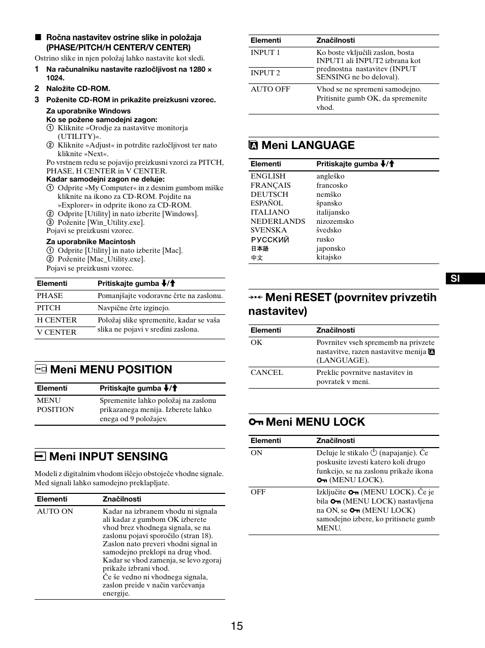 Meni menu position, Meni input sensing, Meni language | Meni reset (povrnitev privzetih nastavitev), Meni menu lock, 0 meni reset (povrnitev privzetih nastavitev), Meni menu position meni input sensing | Sony SDM-X95FB User Manual | Page 352 / 385