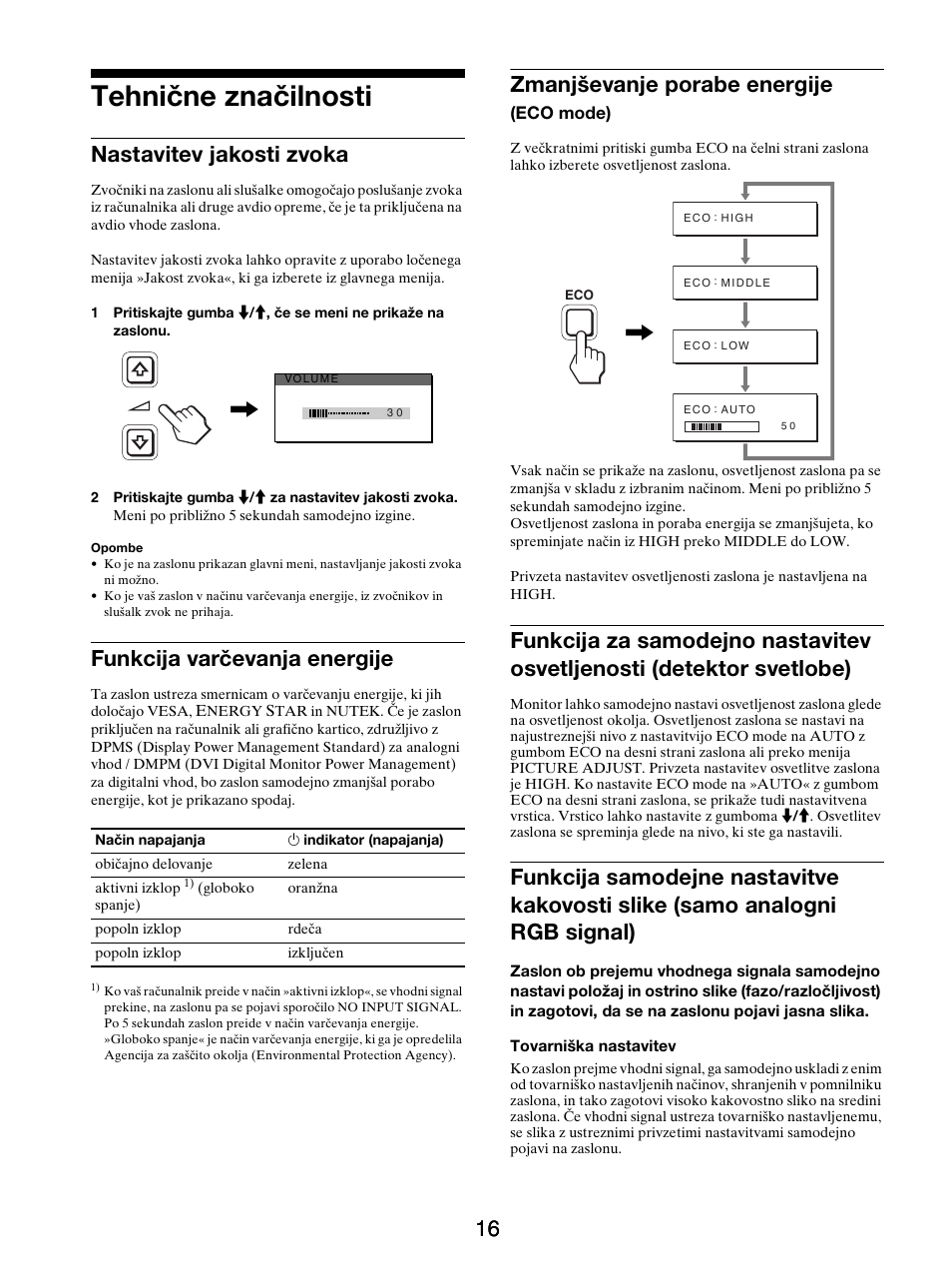 Tehnične značilnosti, Nastavitev jakosti zvoka, Funkcija varčevanja energije | Zmanjševanje porabe energije (eco mode), Zmanjševanje porabe energije | Sony SDM-X95FB User Manual | Page 353 / 385