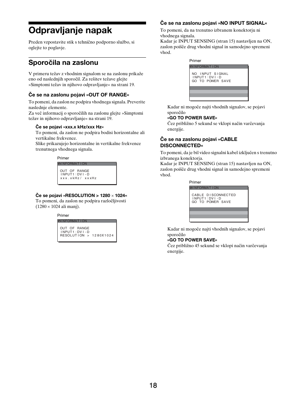 Odpravljanje napak, Sporočila na zaslonu | Sony SDM-X95FB User Manual | Page 355 / 385