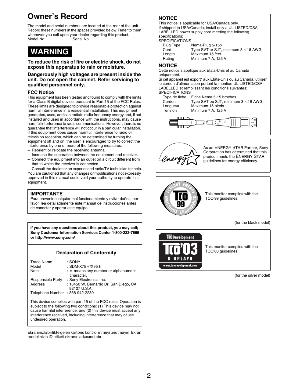 Owner’s record, Warning | Sony SDM-X95FB User Manual | Page 363 / 385