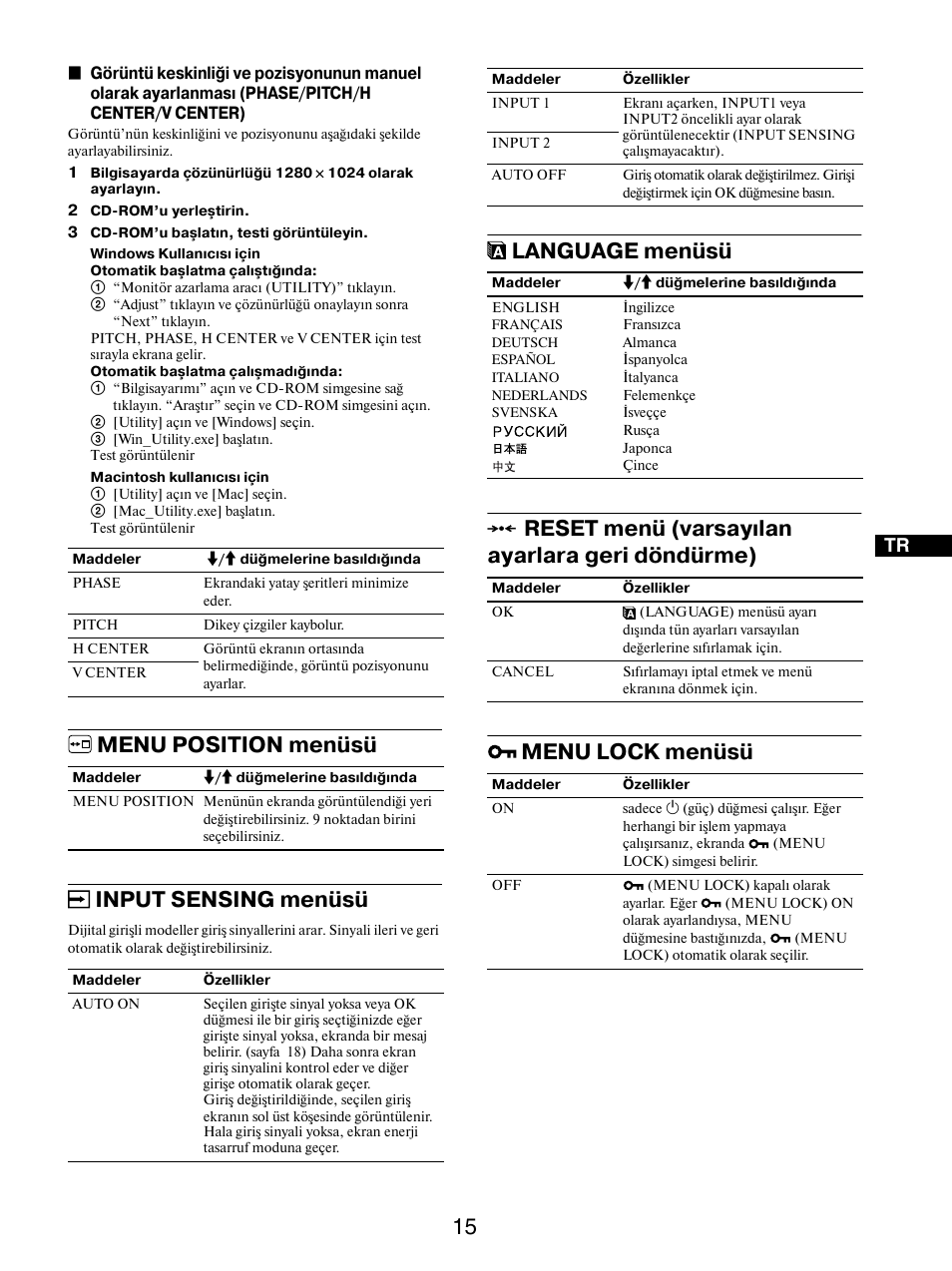 Menu position menüsü, Input sensing menüsü, Language menüsü | Reset menü (varsayılan ayarlara geri döndürme), Menu lock menüsü, 0 reset menü (varsayılan ayarlara geri döndürme), Menu position menüsü input sensing menüsü | Sony SDM-X95FB User Manual | Page 376 / 385