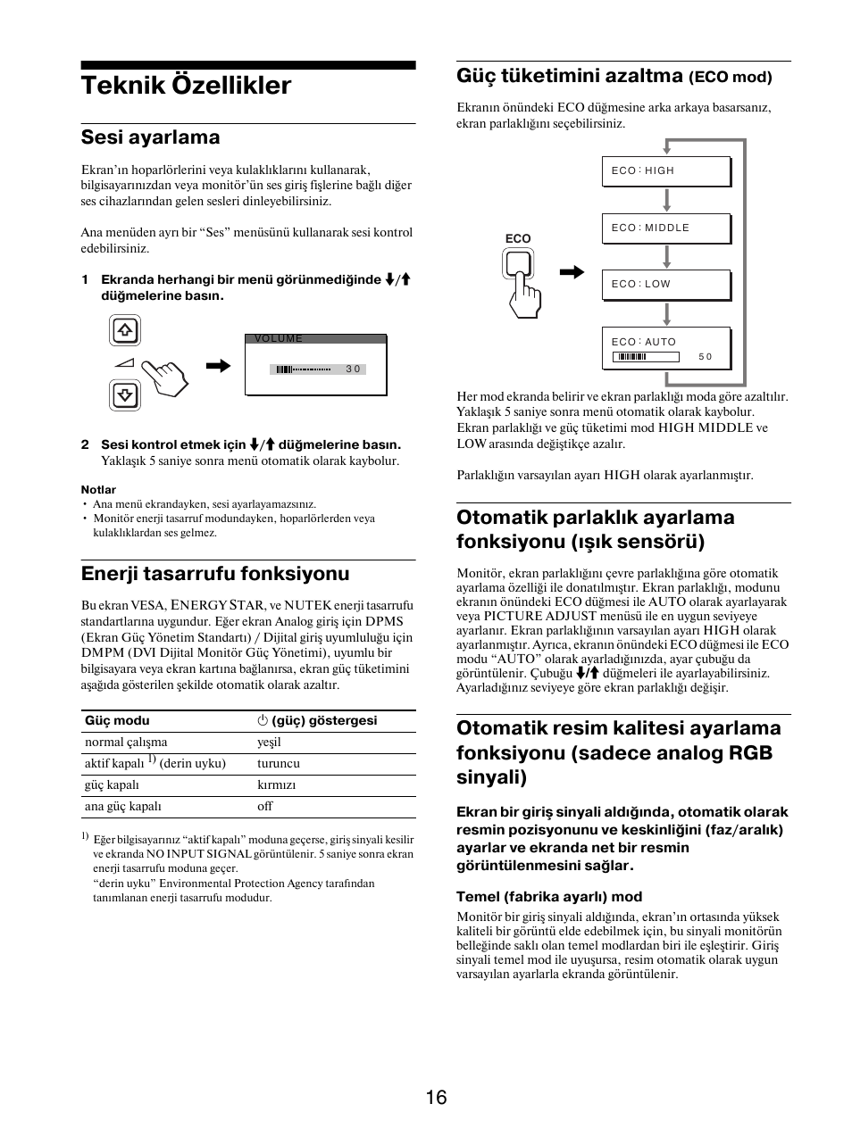 Teknik özellikler, Sesi ayarlama, Enerji tasarrufu fonksiyonu | Güç tüketimini azaltma (eco mod), Güç tüketimini azaltma | Sony SDM-X95FB User Manual | Page 377 / 385