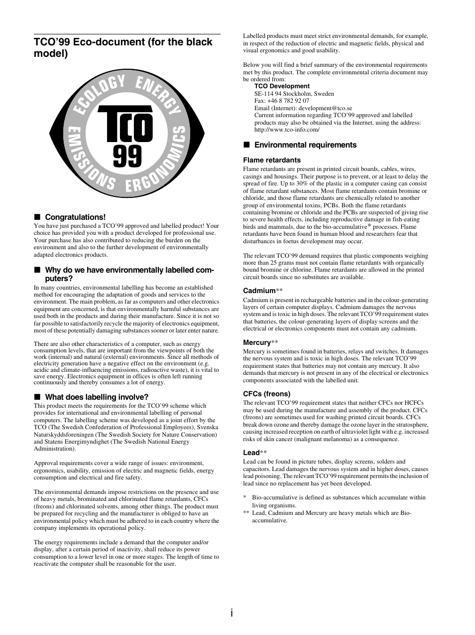 Tco’99 eco-document (for the black model) | Sony SDM-X95FB User Manual | Page 384 / 385