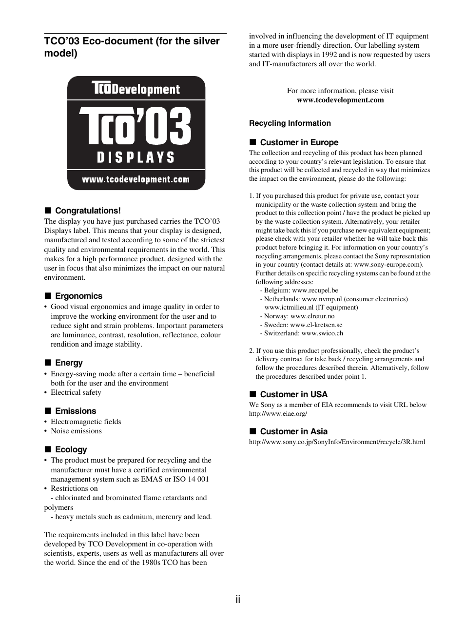 Tco’03 eco-document (for the silver model) | Sony SDM-X95FB User Manual | Page 385 / 385