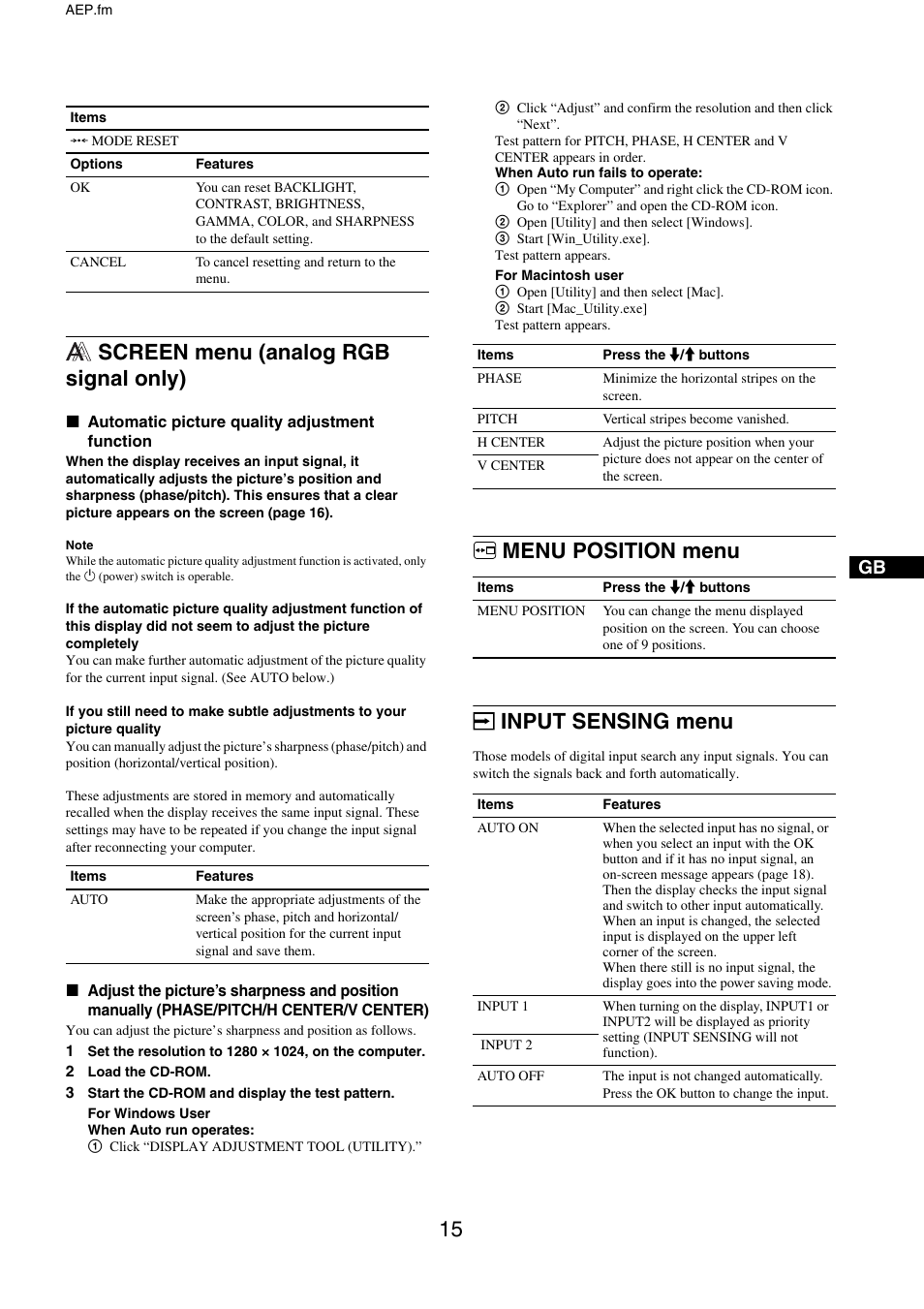 Screen menu (analog rgb signal only), Menu position menu, Input sensing menu | Menu position menu input sensing menu | Sony SDM-X95FB User Manual | Page 39 / 385