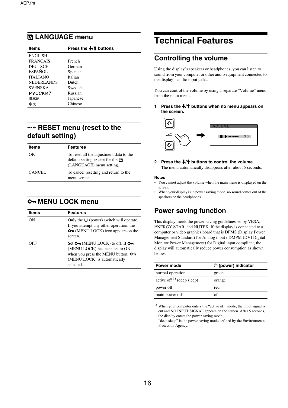 Language menu, Reset menu (reset to the default setting), Menu lock menu | Technical features, Controlling the volume, Power saving function, 0 reset menu (reset to the default setting), Controlling the volume power saving function | Sony SDM-X95FB User Manual | Page 40 / 385