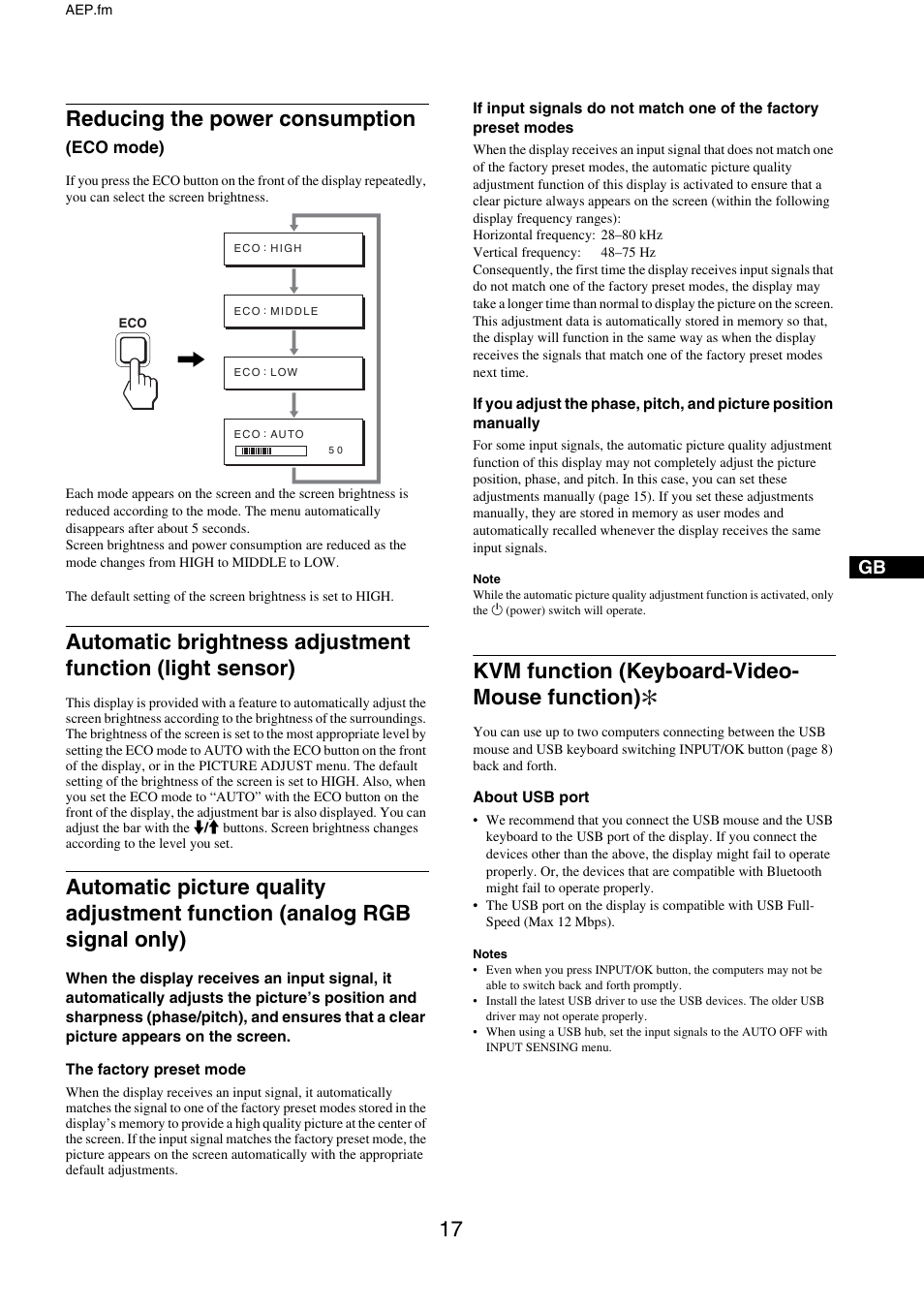 Reducing the power consumption (eco mode), Kvm function (keyboard-video-mouse function), Reducing the power consumption (eco | Reducing the power consumption, Kvm function (keyboard-video- mouse function) | Sony SDM-X95FB User Manual | Page 41 / 385