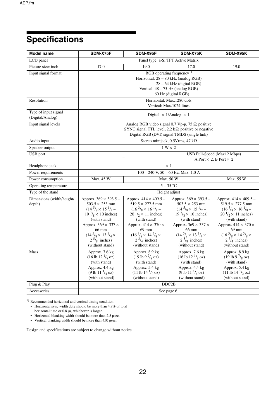 Specifications | Sony SDM-X95FB User Manual | Page 46 / 385