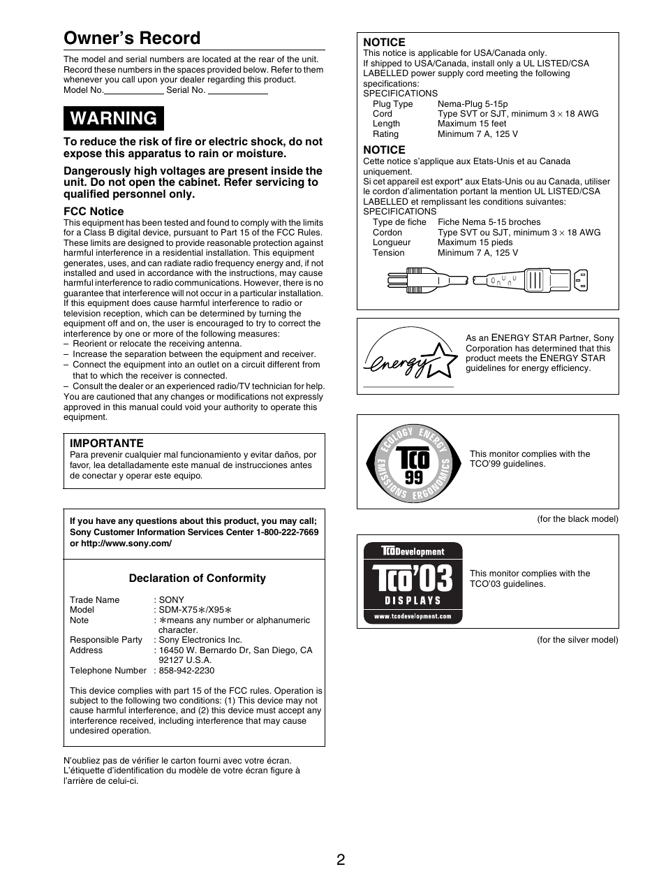 Owner’s record, Warning | Sony SDM-X95FB User Manual | Page 50 / 385