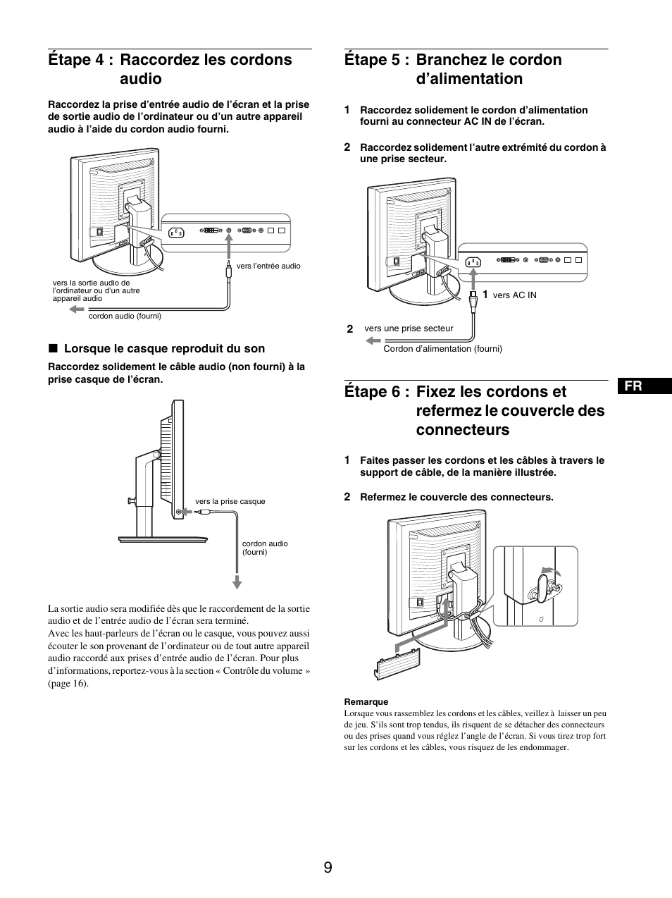 Étape 4 : raccordez les cordons audio, Étape 5 : branchez le cordon d’alimentation, Des connecteurs | Sony SDM-X95FB User Manual | Page 57 / 385