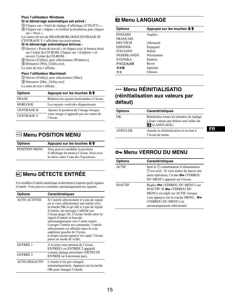 Menu position menu, Menu détecte entrée, Menu language | Menu verrou du menu, Menu position menu menu détecte entrée | Sony SDM-X95FB User Manual | Page 63 / 385