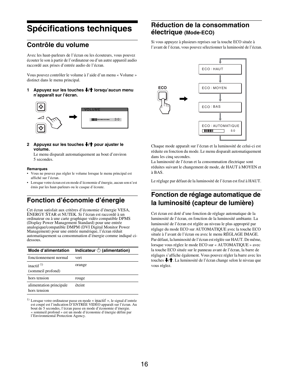 Spécifications techniques, Contrôle du volume, Fonction d’économie d’énergie | Réduction de la consommation électrique (mode-eco), Réduction de la consommation électrique | Sony SDM-X95FB User Manual | Page 64 / 385