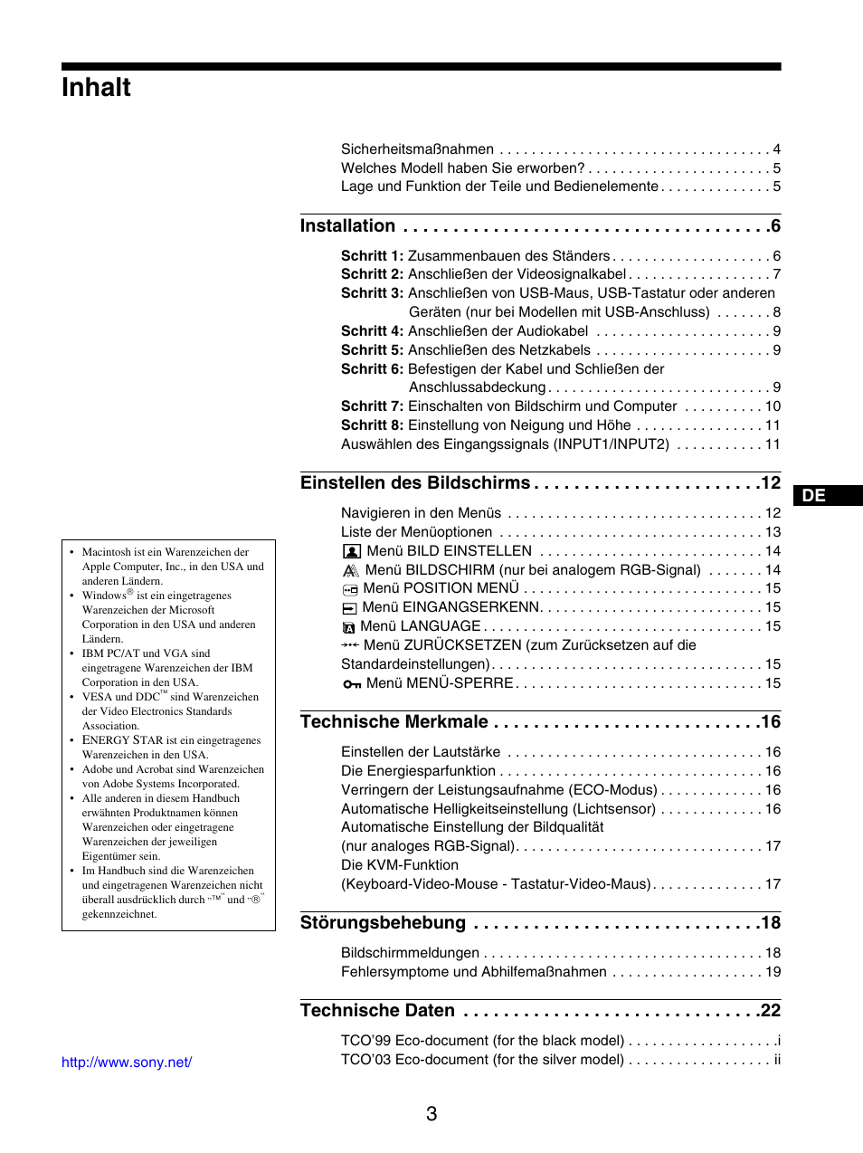 Inhalt, Installation, Einstellen des bildschirms | Technische merkmale, Störungsbehebung, Technische daten | Sony SDM-X95FB User Manual | Page 75 / 385