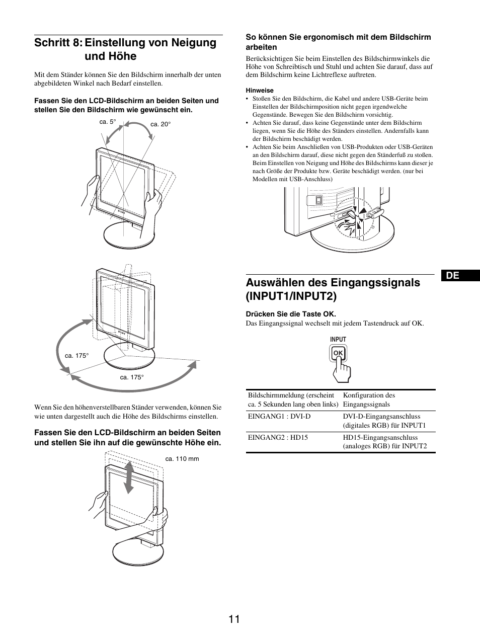 Schritt 8: einstellung von neigung und höhe, Auswählen des eingangssignals (input1/input2) | Sony SDM-X95FB User Manual | Page 83 / 385