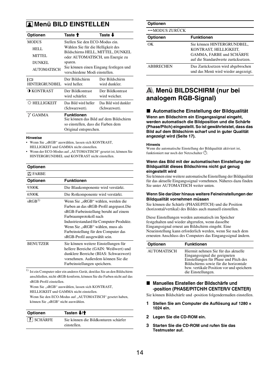 Menü bild einstellen, Menü bildschirm (nur bei analogem rgb-signal), 14 menü bild einstellen | Sony SDM-X95FB User Manual | Page 86 / 385