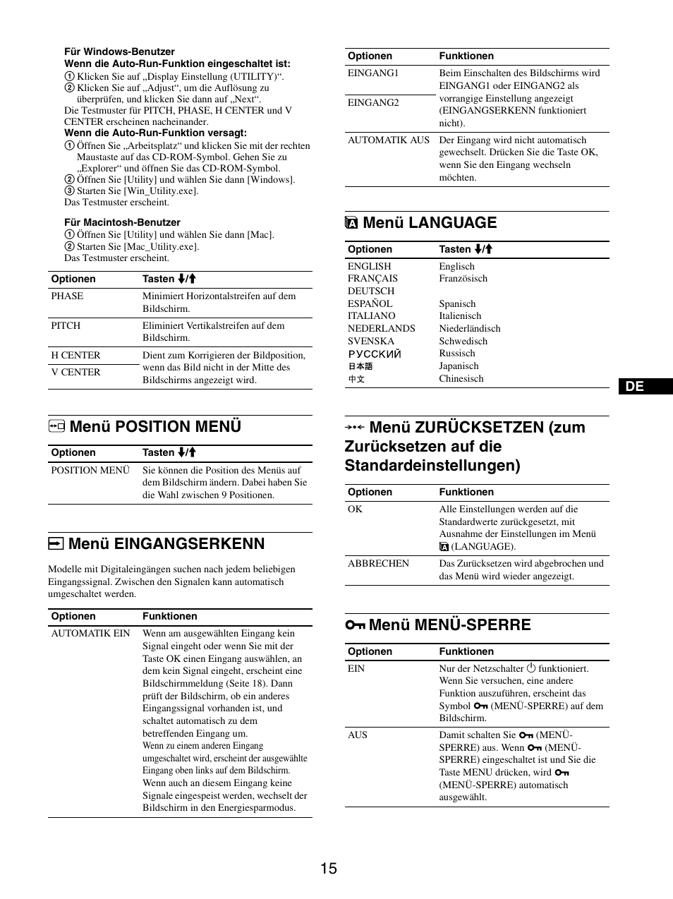 Menü position menü, Menü eingangserkenn, Menü language | Menü menü-sperre, Menü position menü menü eingangserkenn | Sony SDM-X95FB User Manual | Page 87 / 385