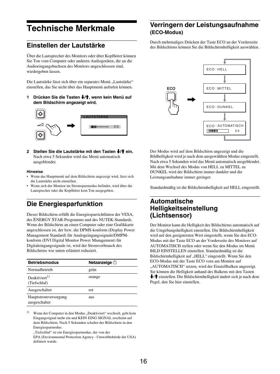 Technische merkmale, Einstellen der lautstärke, Die energiesparfunktion | Verringern der leistungsaufnahme (eco-modus), Automatische helligkeitseinstellung (lichtsensor), Verringern der leistungsaufnahme | Sony SDM-X95FB User Manual | Page 88 / 385