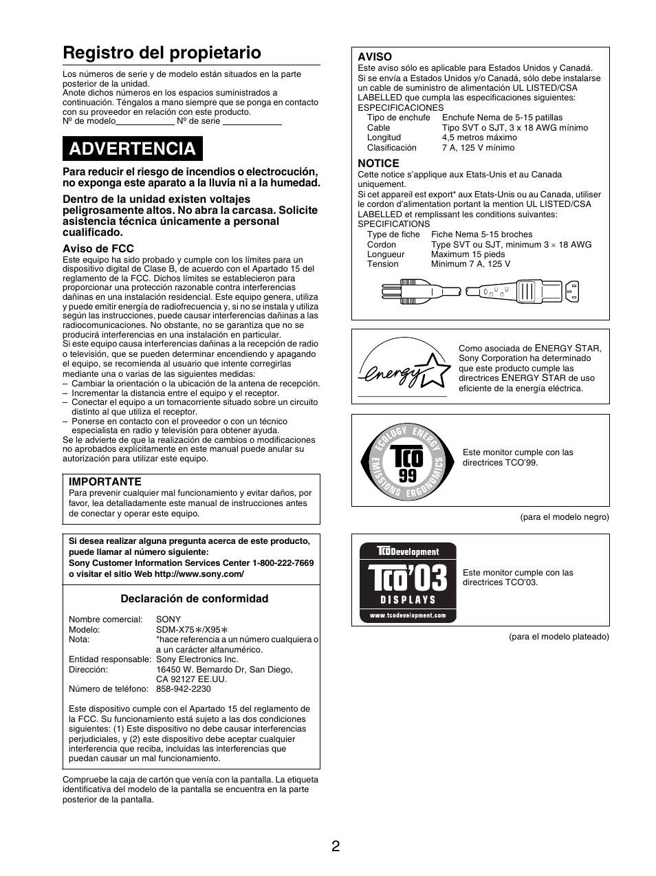 Registro del propietario, Advertencia | Sony SDM-X95FB User Manual | Page 98 / 385