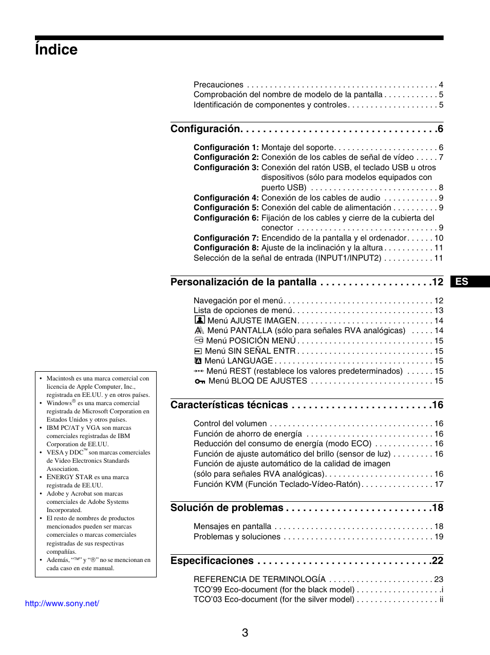 Índice, Configuración, Personalización de la pantalla | Características técnicas, Solución de problemas, Especificaciones | Sony SDM-X95FB User Manual | Page 99 / 385