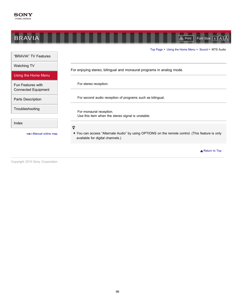 Mts audio, Auto sap, Bilingual settings | Sony KDL-55HX701 User Manual | Page 102 / 141